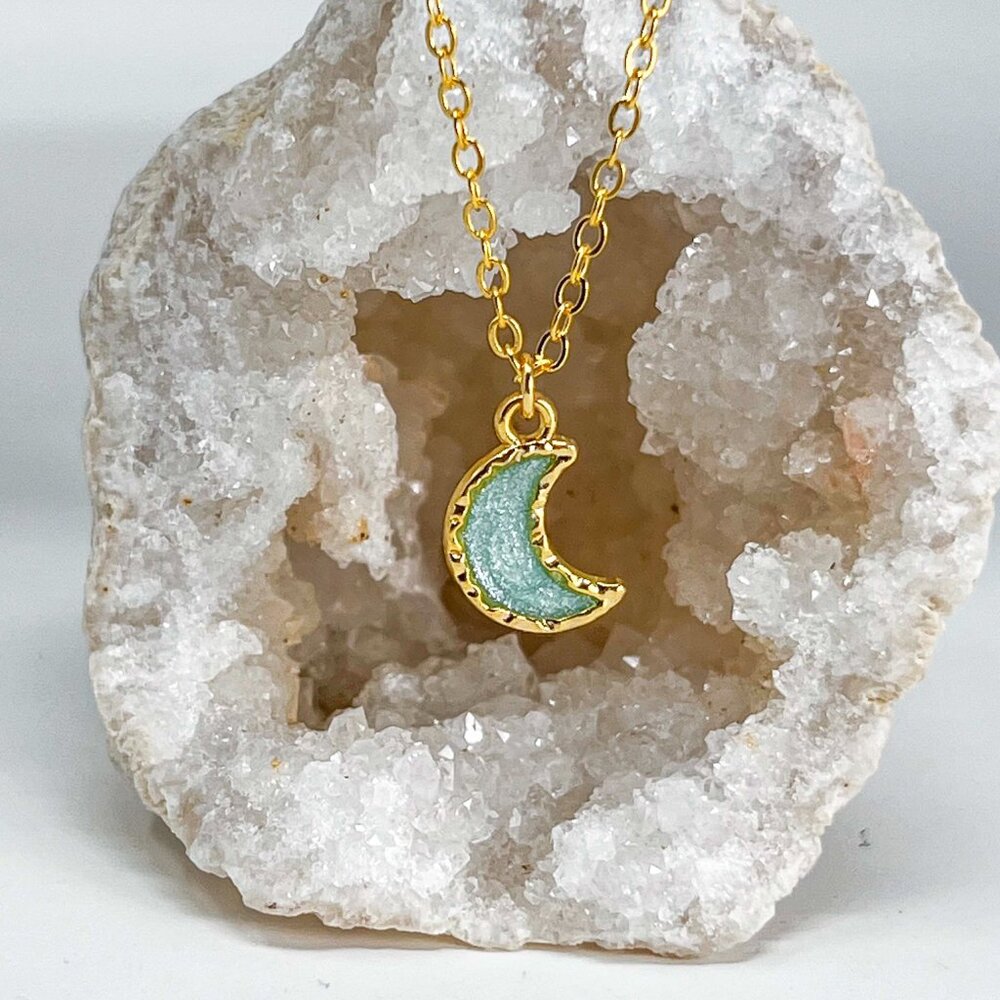 3/$20 14k Gold Turquoise Glitter Resin Moon Charm Handmade Pendant Necklace